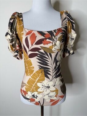 ELA Orange and Green Floral Puff Sleeve Tie Back Bodysuit